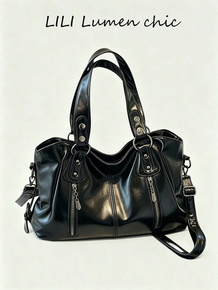 New Classic Multi-Purpose Commuter Solid Color Large Capacity Retro PU Leather Shoulder Bag Handbag Wallet, Zipper Closure Women's Bag, Suitable For Shopping Travel - Black - View 1
