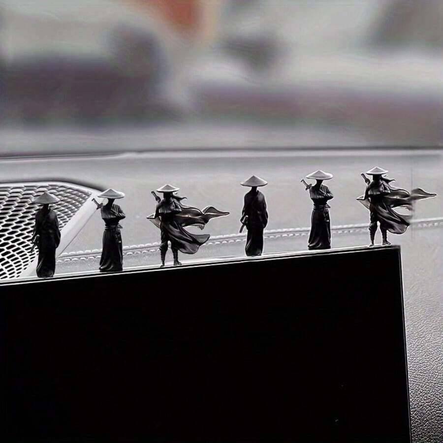復古中國武士騎士雕像 附竹帽，迷你黑色雕像，適用於汽車儀表板、水族箱景觀、辦公桌及居家裝飾