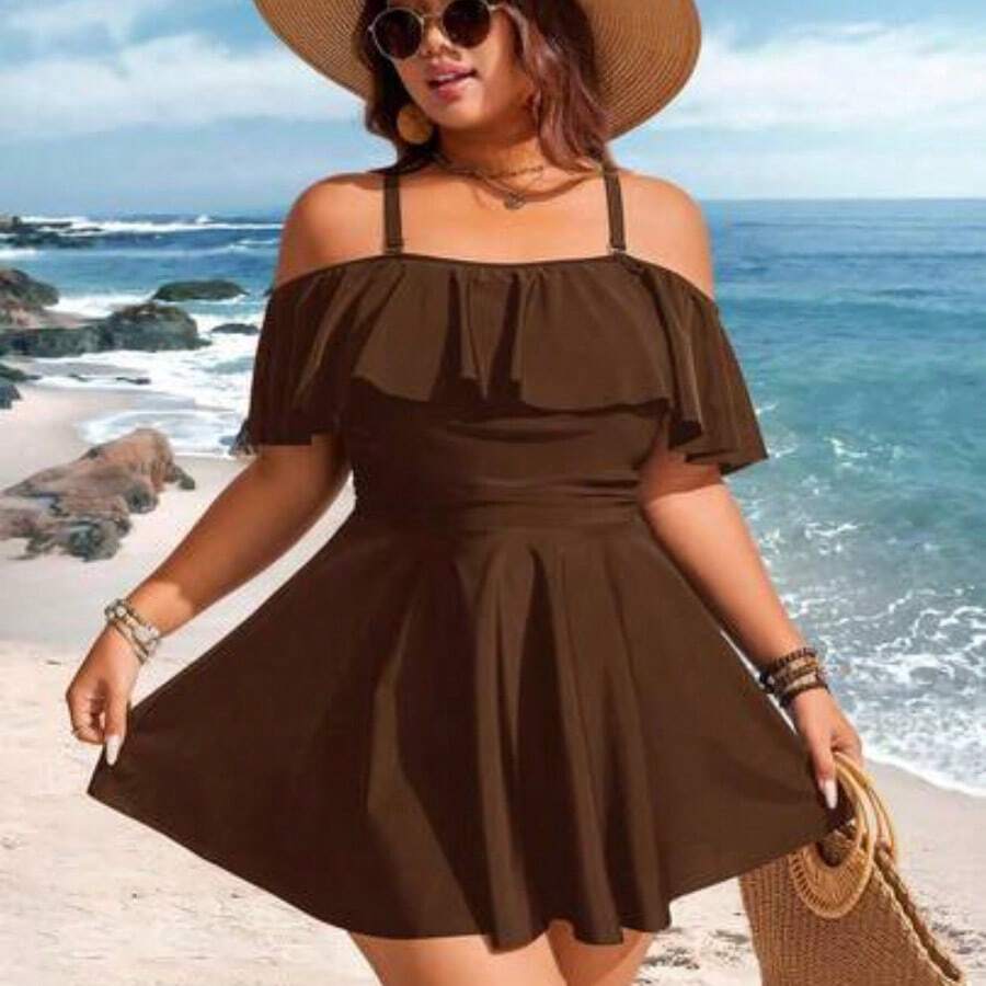 dagjydgfyja Swim Lushoire Parte superior de tankini de vacaciones con volantes en los hombros para mujer de talla grande, de unicolor - Café integral - Ver 1