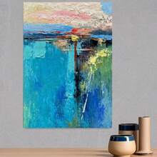 Pintura al óleo abstracta azul plana 2D pintada a mano para pared - Sin marco, moderna y minimalista, adecuada para decoración nórdica y Wabi-Sabi, pincelada abstracta retro para sobremesa o colgante para sala de estar, dormitorio, entrada - Decorativa - Enmarcado - Ver 3