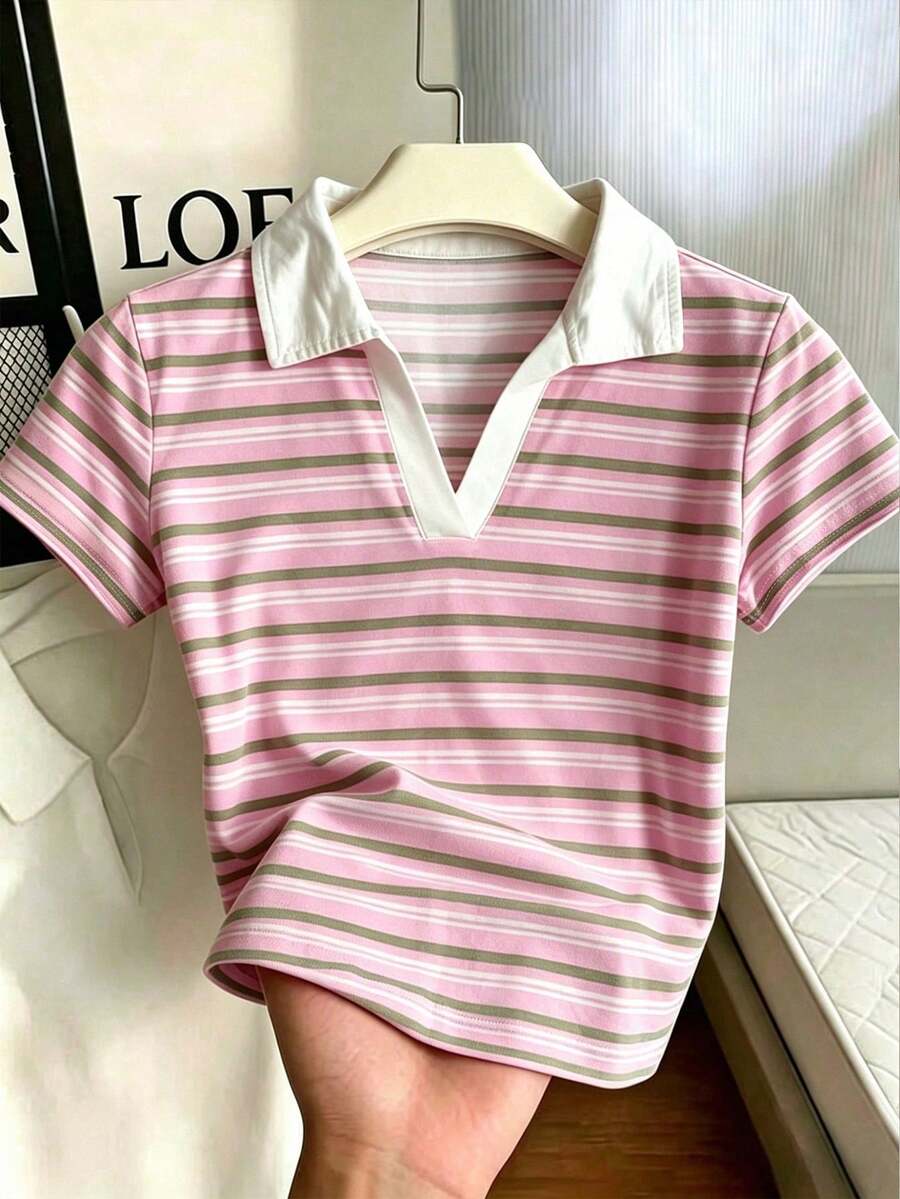 Camiseta de mujer de manga corta ajustada con cuello polo de unicolor - Multicolor 6 - Ver 1