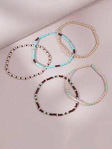 5pcs Bohemian Handmade Beaded Elastic Multi-Layer Stackable Bracelets, Suitable For Women's Daily, Vacation, Party Wear (Random Beads) - Multicolor - View 5