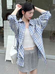 Korean Style Loose Fit Long Sleeve Plaid Shirt, Random Fabric Panels - Blue - View 8