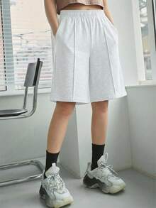 1件女童休閒運動舒適寬鬆百慕達短褲，春夏秋季 - 灰色 - 查看 7