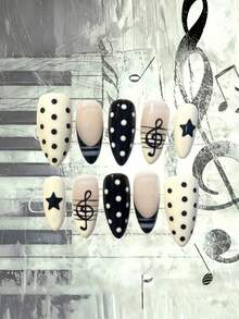 10pcs Rock Star Style Black & White Striped Polka Dot Nail Stickers, With Musical Note Nail Art, Handmade Gel Nails, Including Polka Dot Striped Decals And Application Tools, Aesthetic - Multicolor - View 1