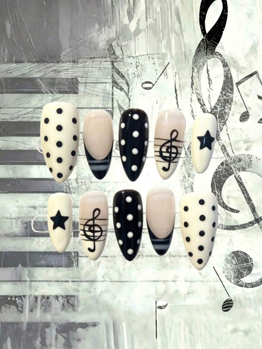 10pcs Rock Star Style Black & White Striped Polka Dot Nail Stickers, With Musical Note Nail Art, Handmade Gel Nails, Including Polka Dot Striped Decals And Application Tools, Aesthetic - Multicolor - View 1