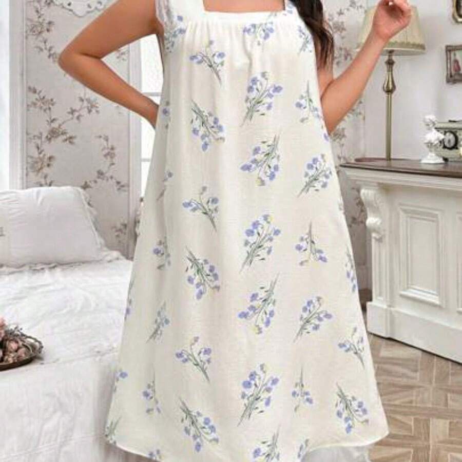 guang zhou mi qian shang mao CottageSlumber Negligé con cuello cuadrado y encaje de contraste, estampado floral de gasa, talla grande. Vestido de dormir Moo Moo con esplendor floral abundante, detalles acogedores y elegantes - Azul - Ver 1