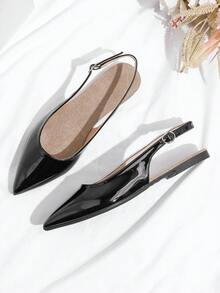 Glossy Pointed Toe Flat Slide Sandals For Women - Black - View 5