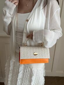 Bolso de mano tejido de moda (color de costura aleatorio, compartimento interior) - Naranja - Ver 7