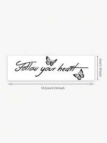 1 pieza Pegatina de tatuaje con patrón de mariposa y frase corta en inglés "Follow Your Heart" de estilo herbal, diseño de tatuaje realista, adecuado para viajes, festivales de música, juegos, regalos de graduación, para 7-14 días - Negro - Ver 6