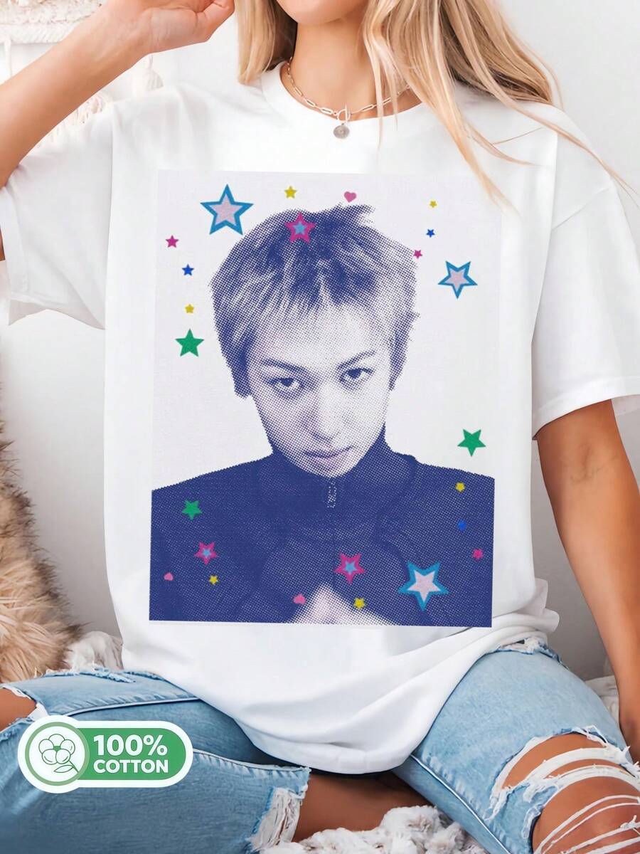 Retro Halftone Star Pattern Cotton T-Shirt, Y2K Aesthetic Style, For K-Pop Fans And Streetwear. - White - View 1