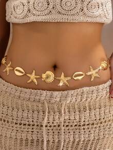 1 pieza Colgante de collar con estrella de mar y concha de estilo oceánico de metal, adecuado para atuendos diarios y de vacaciones de verano de mujeres - Amarillo Oro - Ver 1
