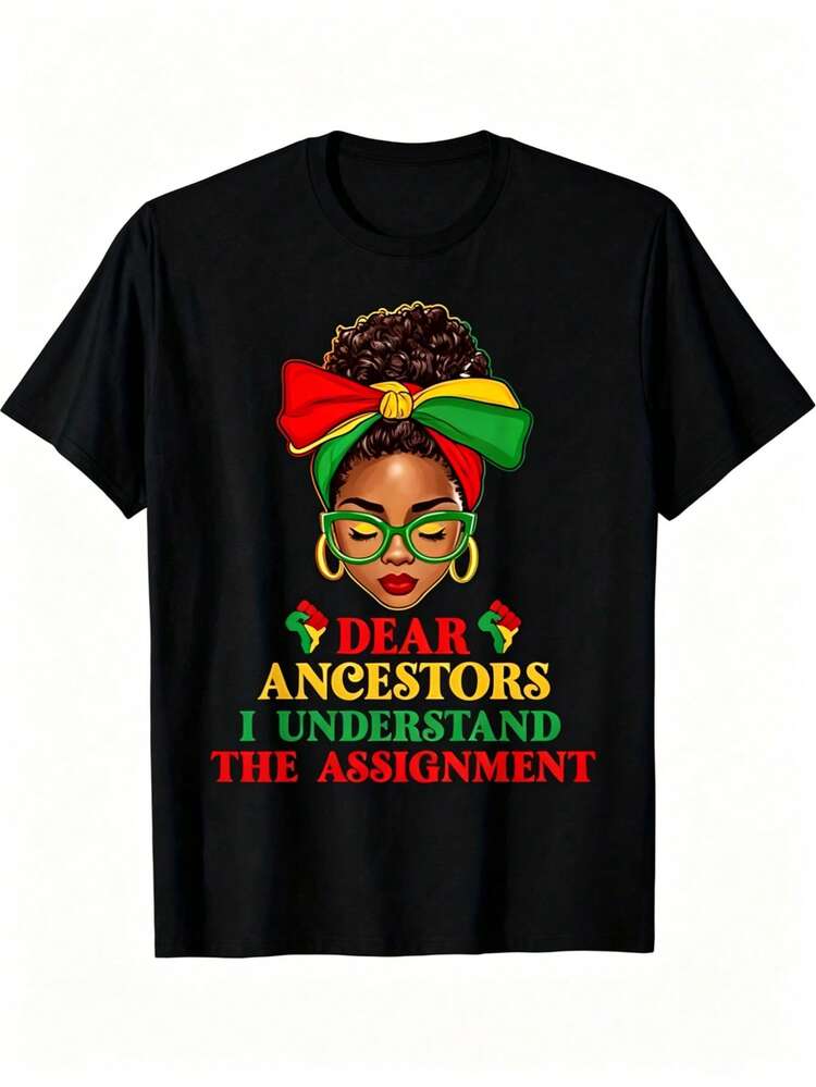 Women's And Juneteenth 1865 Freedom Day T-Shirt - African Bun And African Cultural Heritage Design, With The Slogan "Dear Ancestors And I Understand The Task" - Soft, Breathable, Lightweight Round Neck Short Sleeve - Juneteenth Cultural Pride Clothing Funny Women's T-Shirts Suitable For All Seasons 100% Cotton - 黑色 - 查看 1