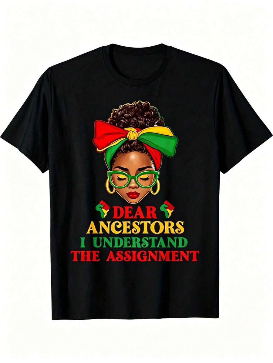 Women's And Juneteenth 1865 Freedom Day T-Shirt - African Bun And African Cultural Heritage Design, With The Slogan "Dear Ancestors And I Understand The Task" - Soft, Breathable, Lightweight Round Neck Short Sleeve - Juneteenth Cultural Pride Clothing Funny Women's T-Shirts Suitable For All Seasons 100% Cotton - 黑色 - 查看 1