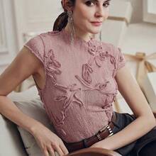Blusa elegante de mujer con cuello de pico de encaje floral rosa y mangas cortas transparentes - Rosa vieja - Ver 8