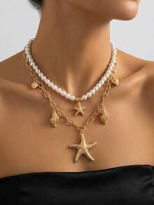 1pc New Creative Summer Beach Vacation Party Fashion Elegant Ocean Vacation Style Multilayer Pendant Necklace, Suitable For Daily Wear, Dates, Parties - Yellow Gold - View 5