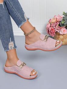 PWIIMG 女款一腳蹬坡跟涼鞋，露趾 peep toe 厚底坡跟涼鞋，夏季女款坡跟涼鞋，人造麂皮鞋面搭配金色金屬扣飾，休閒度假戶外沙灘居家放鬆街頭通勤 - 粉色 - 查看 6