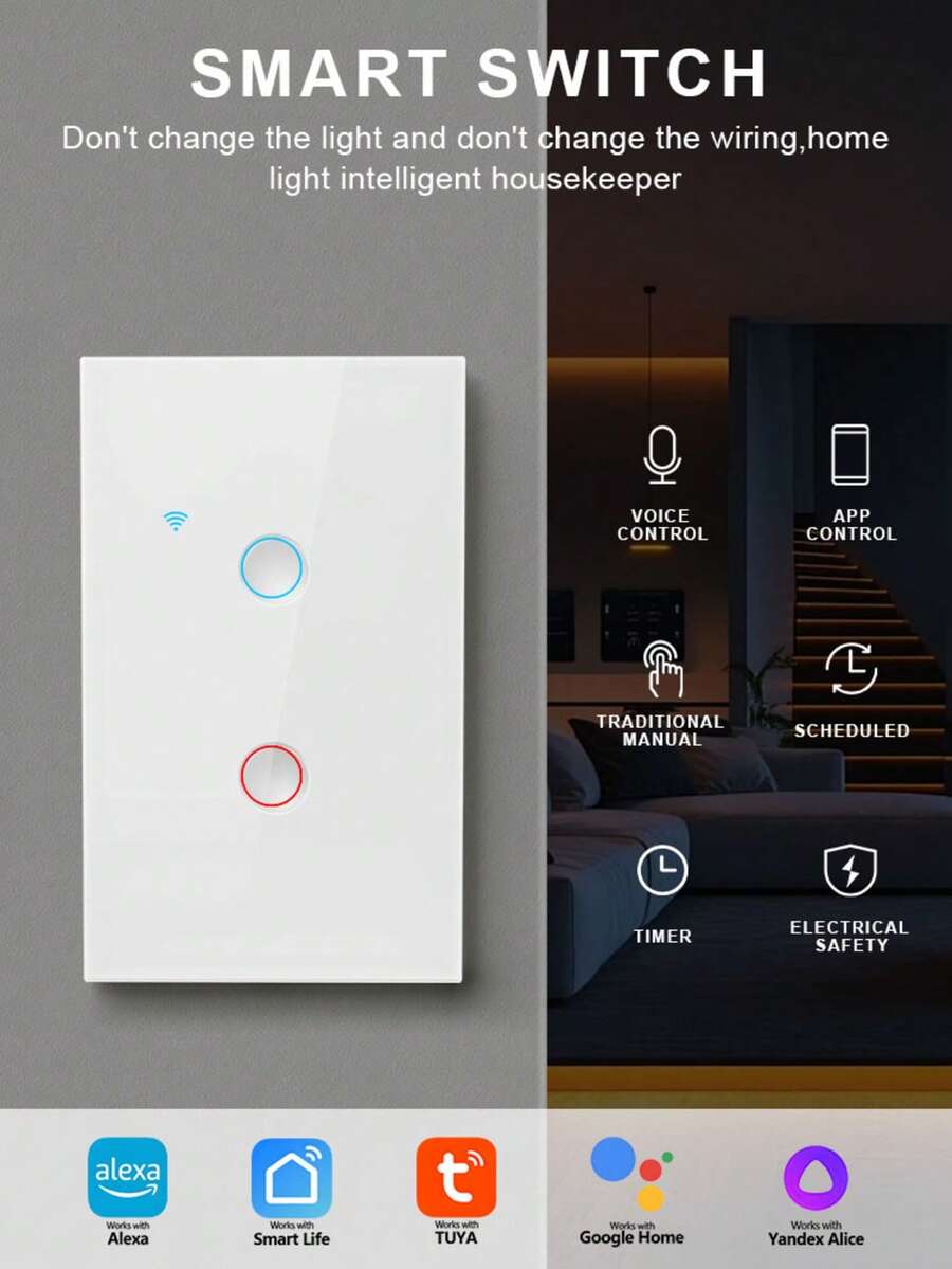Saklar Lampu Dinding Sentuh WiFi Pintar, Panel Kaca 1/2/3/4 Gang, Kontrol Jarak Jauh Aplikasi, Kontrol Suara Alexa Home Tuya Smart Life, Jadwal Hitung Mundur Timer, Lampu Latar LED, Membutuhkan Kabel Netral, Untuk Kamar Tidur, Ruang Tamu, dan Rumah - MultiWarna - View 1