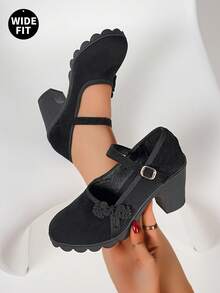 Tacones altos para mujer talla grande, versión extra ancha y extra grande, diseño de nudo chino, elegante y versátil - Negro - Ver 3