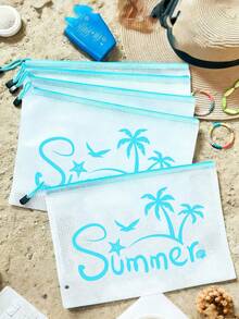 時尚防水PVC沙灘包，印有「Summer」椰子樹、海鷗、海星、貝殼等元素，彩色字母印花，A4尺寸，透明化妝包，尼龍拉鍊，適合游泳、潛水和夏季度假，輕巧便攜，男女通用，沙灘包配件，旅行必備，度假必備。返校用品盥洗包，大容量洗澡包，女性母親節禮物，教師節禮物，郵輪旅行必備 - 彩色 - 查看 2