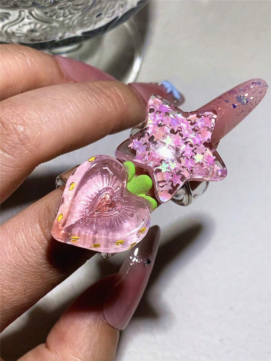 1個/2個 夏季精緻粉色星星愛心草莓樹脂戒指，女款風格，適合日常穿搭、節日與度假穿著，情人節珠寶，可愛有趣的女士戒指