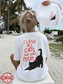 Women's Spring/Summer Double-Sided Print Beach Fashion Tops, Simple Style, Black Cat Print And English Slogan, Crew Neck, Short Sleeve - White - View 1