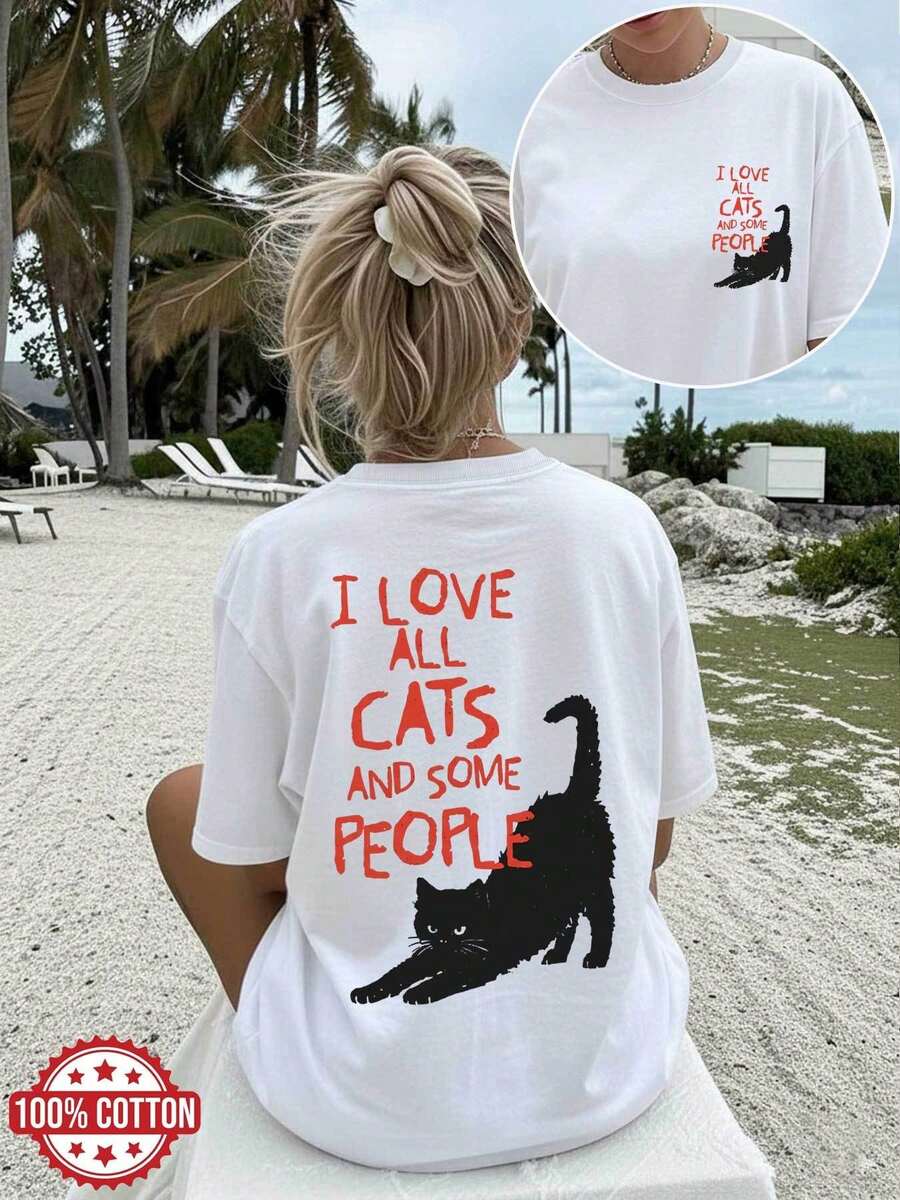 Women's Spring/Summer Double-Sided Print Beach Fashion Tops, Simple Style, Black Cat Print And English Slogan, Crew Neck, Short Sleeve - White - View 1