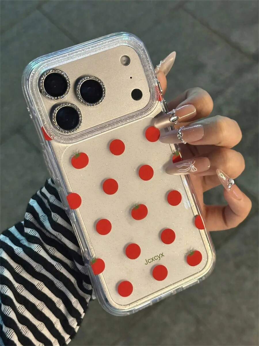 Cute Cartoon Tomato Polka Dot Pattern Shiny Sequin Transparent Phone Case Compatible With IPhone 17 Pro Max 17 Pro 14 Pro Max 15 Pro Max 16 Pro Max 13 12 11 Soft Clear Protective Cover