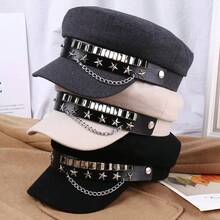 1pc Star-Studded Vintage Cap, Chain-Decorated Newsboy Cap, Punk-Style Short-Brimmed Cap, An Accessory For Daily Commuting, A Must-Have For Photos At Girls' Gatherings, A Recommended Surprise Gift For Valentine's Day, A Romantic Gift For Anniversaries, A Stylish Accessory For Music Festivals, An Exquisite Headpiece For Birthday Parties, A Versatile Piece That Can Be Worn In All Seasons - Grey - View 1