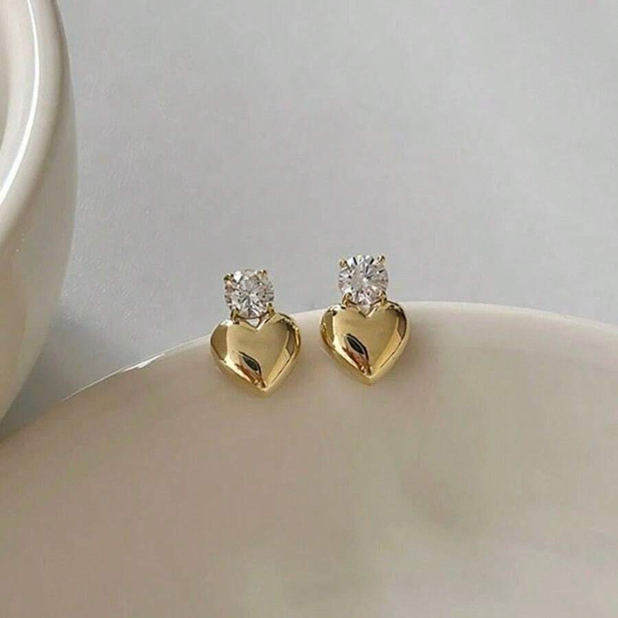 Gold Smooth Surface Heart-Shaped Stud Earrings For Women, Minimalist Fashion Jewelry For Girls, Wedding Bride - Gold - View 1
