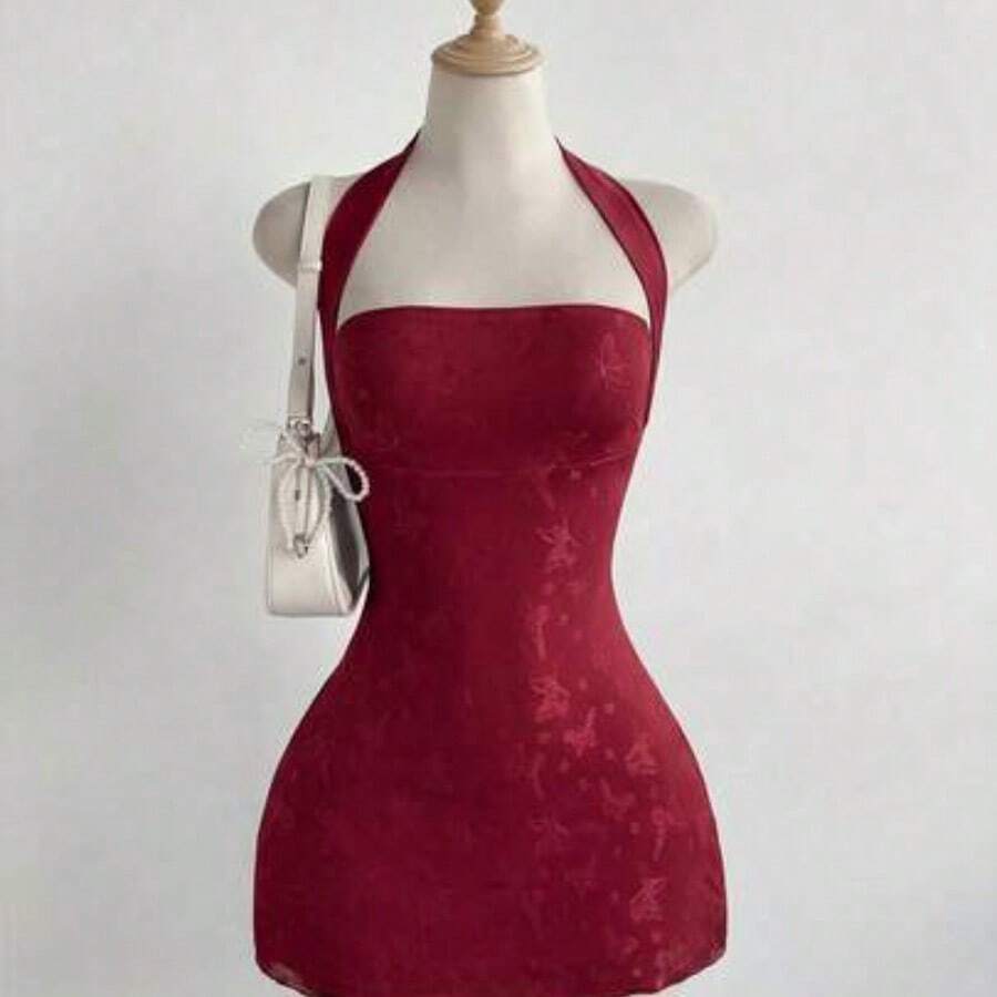 ghadjgyjad Vestido de fiesta mini con diseño de mariposa, cintura ceñida y sexy, con diseño de lazo de mariposa en la espalda, estilo dulce con bloqueo de color y malla - Burdeos - Ver 1