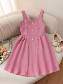 Galaxy Graffiti 8-12 Years Old Girls' Floral Pearl Embellished Sleeveless Dress, Cute Summer Vacation, Birthday Party, Daily Wear, Family Travel - Watermelon Pink - View 4