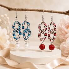 1 Pair Colorful Red & Blue Leopard Print Acrylic Chain Long Faux Pearl Combination Tassel Earrings, Acrylic Material, Bohemian Personalized Exaggerated Style, Suitable For Daily, Vacation, Party, Holiday Celebration - Tassel - View 10