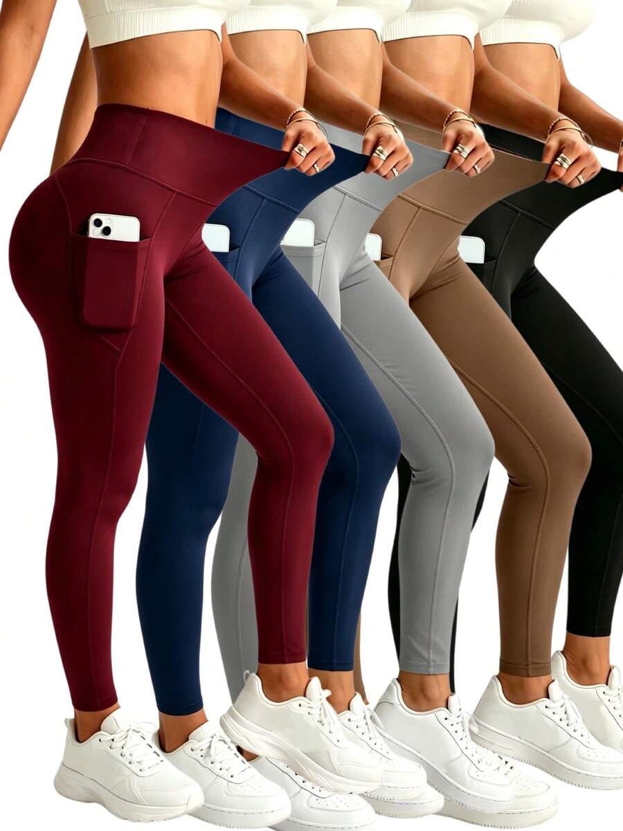 OKP 5-Pack High Waist Yoga Pants For Women, Buttery Soft Elastic Athletic Leggings, Hip Lifting Slim Fit Pants With Convenient Side Pockets, Gift