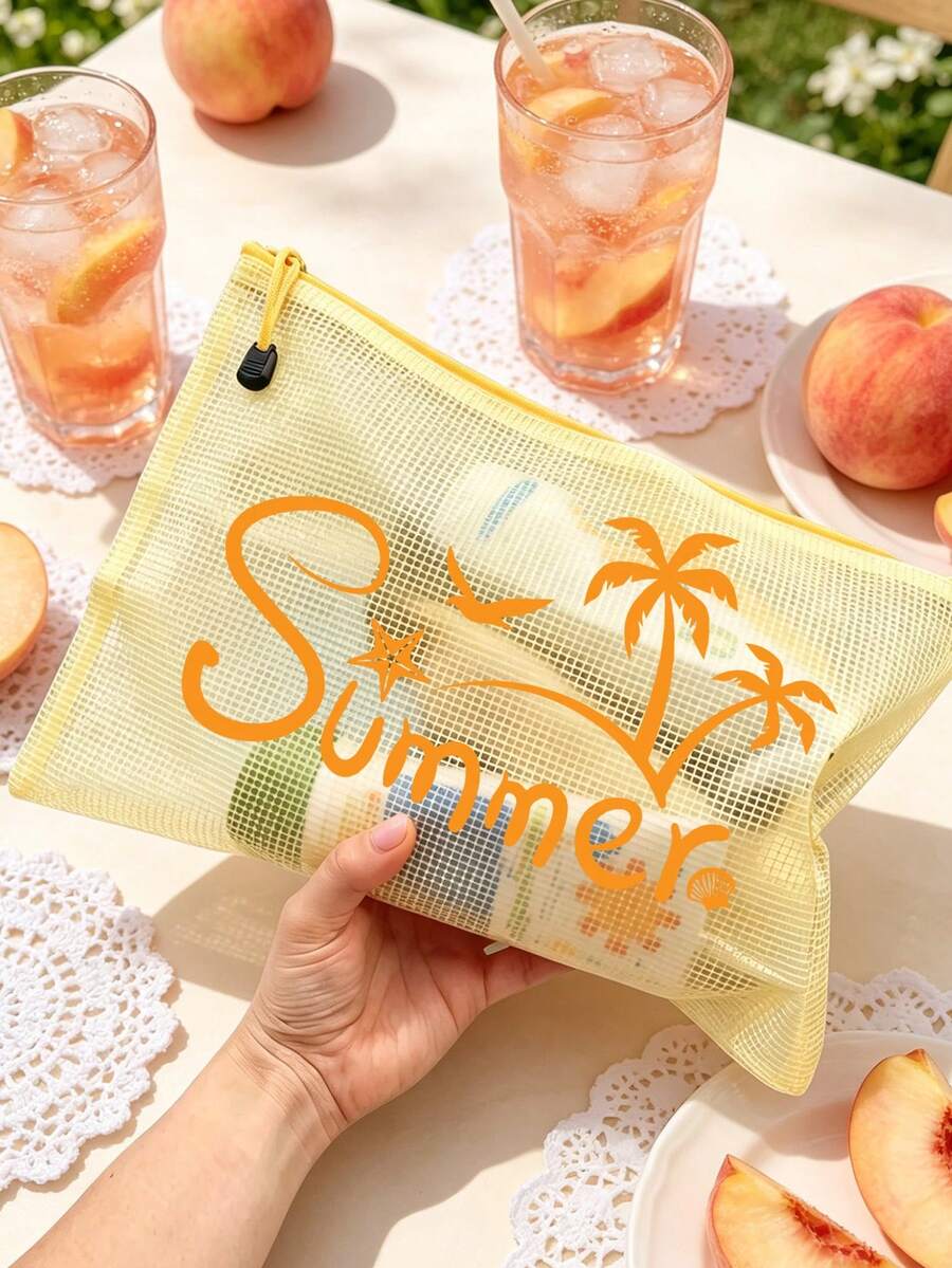 時尚防水PVC沙灘包,印有「Summer」椰子樹、海鷗、海星、貝殼等元素,彩色字母印花,A4尺寸,透明化妝包,尼龍拉鍊,適合游泳、潛水和夏季度假,輕巧便攜,男女通用,沙灘包配件,旅行必備,度假必備。返校用品盥洗包,大容量洗澡包,女性母親節禮物,教師節禮物,郵輪旅行必備 - 彩色 - 查看 1