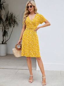 Womens Summer Dresses For Women 2026 Spring Floral Sundress Short Sleeve V Neck Wrap Dress With Pockets Festival Outfits Elegant Dress For Women Dress For Women - 03 黃色花卉 - 查看 6