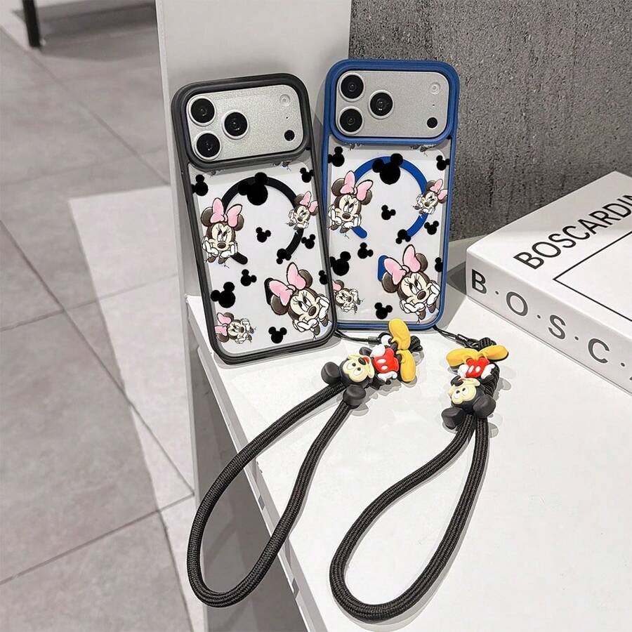 This Disney Mickey Mouse Pattern Lanyard Phone Case Features A Strong Magnetic Closure And Full Coverage Of Acrylic And TPU Material. It's Shockproof, Lightweight, And Suitable For IPhone17/16/11/13/15/15 Plus/15 Pro/15 Pro Max/12/14 Pro Max/11 Pro Max/12 Pro/12 Pro Max/13. It's A Popular Birthday Gift, Business Gift, Durable, Stain-Resistant, And Fingerprint-Resistant New Phone Case For Men And Women. It Also Includes A Mickey Mouse Phone Case And Mickey Mouse Doll Bracelet. Compatible With SamsungGalaxy S20, S21, S22, S23, And S24 Series. It's The Perfect Gift For Friends And Family. This Stylish Phone Case Is Fun, Lightweight, And Durable. IPhone17 Pro Max Phone Case, Minnie Phone Case. - Black - View 1