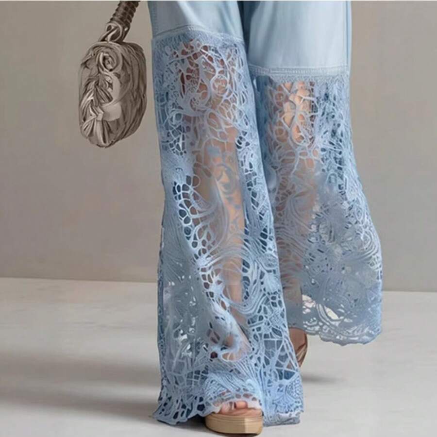 Fashionable And Elegant Light Blue Jeans With Lace Trim - Light Blue - View 1