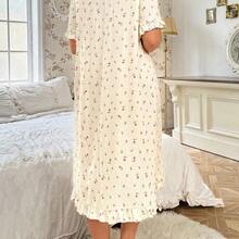 LunaCass8 CottageSlumber Camisón holgado de mujer talla grande con estampado floral de rosa, cuello cuadrado de crepé pomposo, vestido de dormir Moo Moo cómodo y elegante - Albaricoque - Ver 3