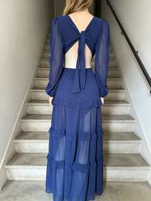 Women's Long Chiffon Dress With Long Sleeves, V-Neck, Ruffled Hem And Lining. - azul real - Ver 3