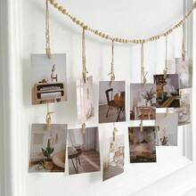 1pc Hanging Photo Display Rack With 12 Clips, Bohemian Wooden Bead Garland, Bohemian Style Collage Photo Frame Decor For Dorm, Classroom, Bedroom - 12 Clips - View 3