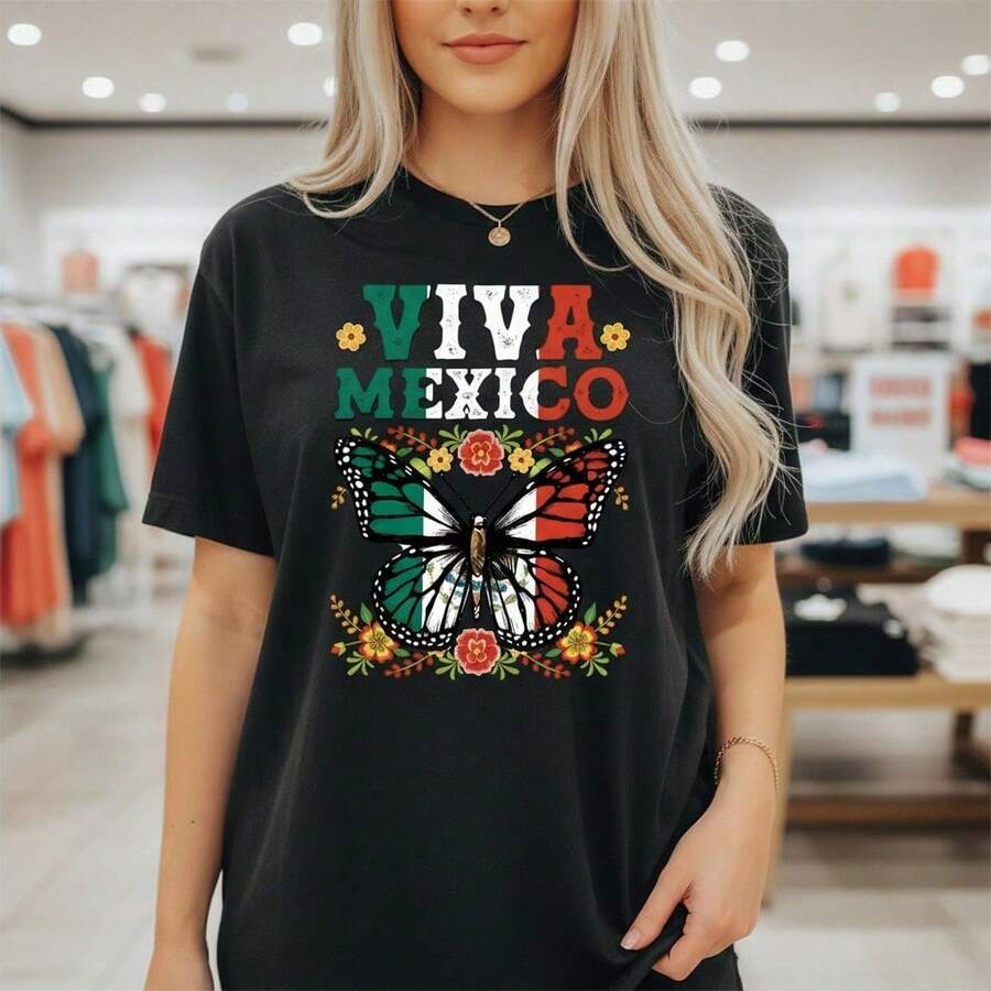 Stylish Everyday Outfits: Women's Viva Mexico Butterfly Print Cotton T-Shirt, Short Sleeve, Crew Neck, Casual Style, National Flag Inspired Design, Loose Fit, Basic Summer T-Shirt, Available In Various Sizes. Loose Fit Summer Clothing For Women. - 黑色 - 查看 1