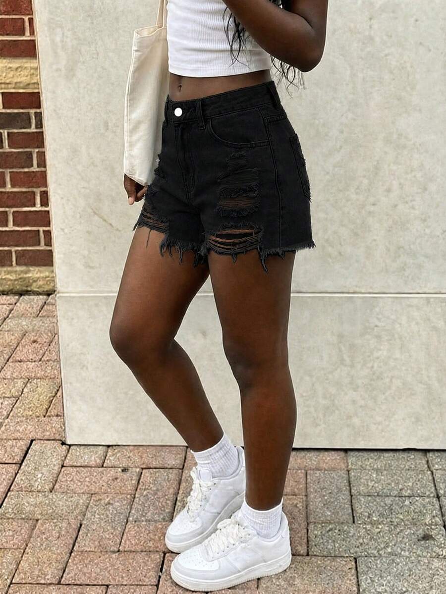 Women's Casual Loose Straight Leg Cropped Jeans Black Summer - Black - View 1