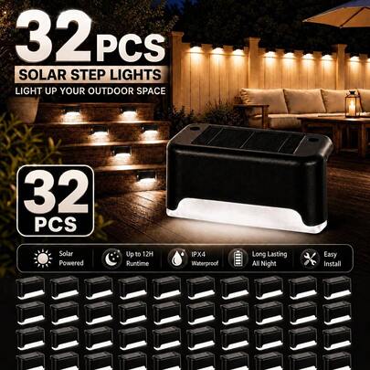 32pcs Solar LED Deck Lights - Auto On/Off, IPX4 Waterproof,12Hr Lighting For Outdoor Stairs, Fences & Pathways, Warm White Light, Easy Installation, Ideal For Commercial Spaces Like Malls, Hotels, And Libraries, Outdoor Solar Lights, Christmas