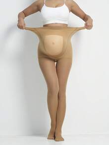 One-Pair Pack Maternity Plus-Size Tights, High-Waist Comfortable Breathable Maternity Pants With Transparent Abdomen Design, Slim-Fit Leggings - Apricot - View 6