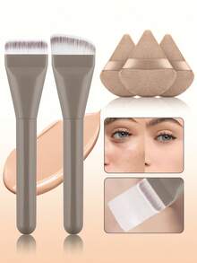 ronshadow 2 piezas Brocha de base sin costuras de cabeza plana + 3 piezas Juego de esponjas de maquillaje triangulares, incluye brocha de base angular, herramienta de maquillaje de aplicación rápida no absorbente apta para principiantes - Multicolor - Ver 5