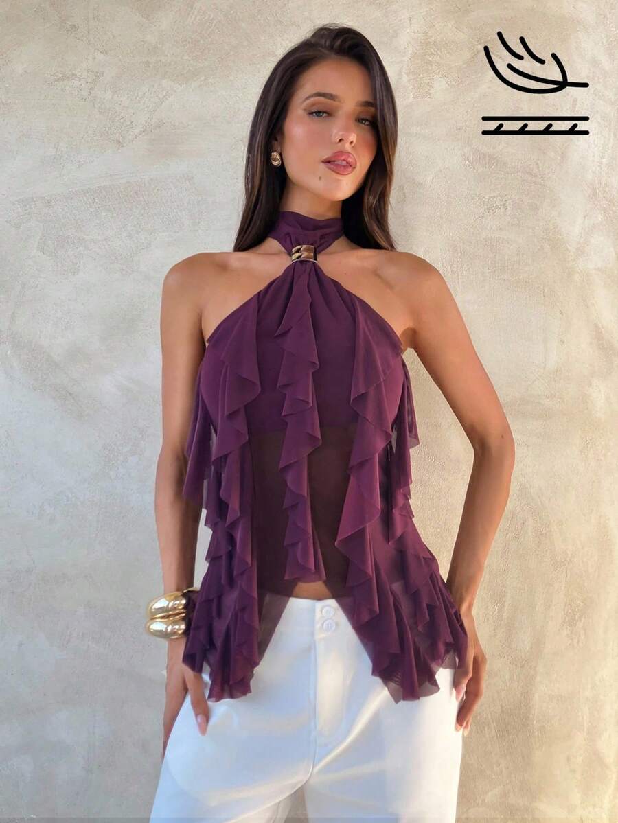 Women's Fitted T-Shirt With High Neck And Elegant Multi-Layered Ruffles - Purple - View 1