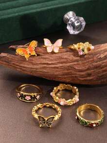 7pcs/Set Vintage Unique Design Butterfly & Flower Decor Rings Set, Fashionable Versatile Casual Daily Wear & Party Gift Jewelry For Women - View 5
