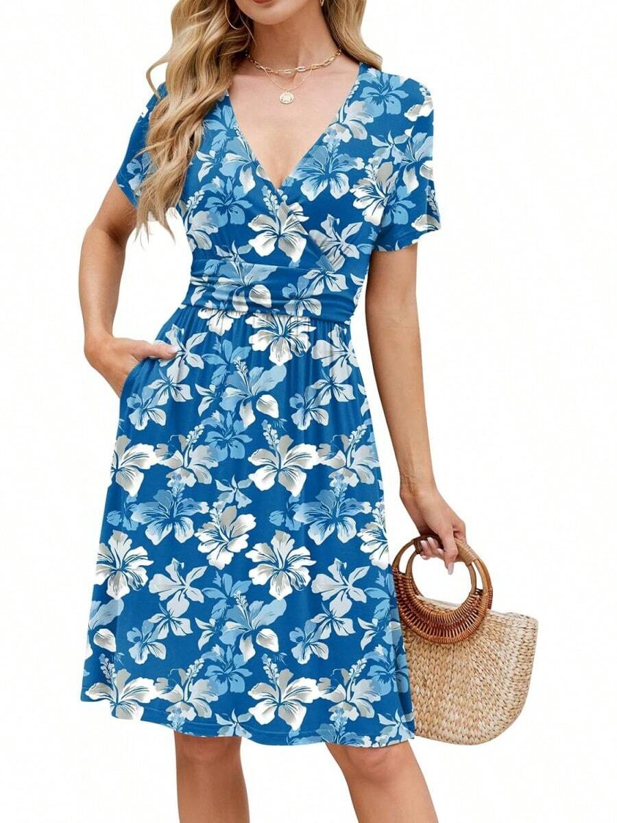Womens Summer Dresses For Women 2026 Spring Floral Sundress Short Sleeve V Neck Wrap Dress With Pockets Festival Outfits Elegant Dress For Women Dress For Women - 12號海軍藍花卉圖案 - 查看 1