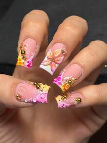 Pegatinas de arte de uñas florales 3D hechas a mano, uñas postizas cuadradas medianas, estilo de verano, adecuadas para niñas y mujeres - Multicolor - Ver 1